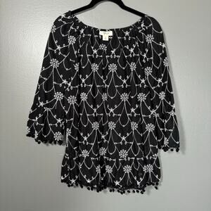 Style & Co Women's Black Embroidered Boho Cottagecore Peasant Top - Size Small